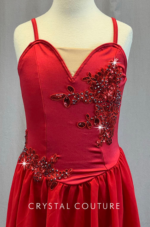 Red Camisole Leotard with Sweetheart Neckline and Circle Skirt - Rhinestones