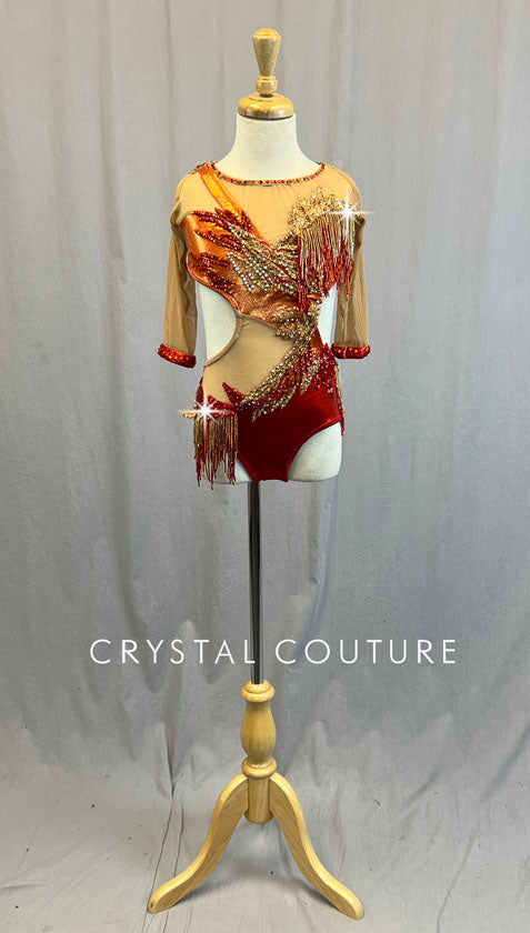 Custom Red and Orange Cutout Leotard with Appliques and Beaded Fringe - Rhinestones