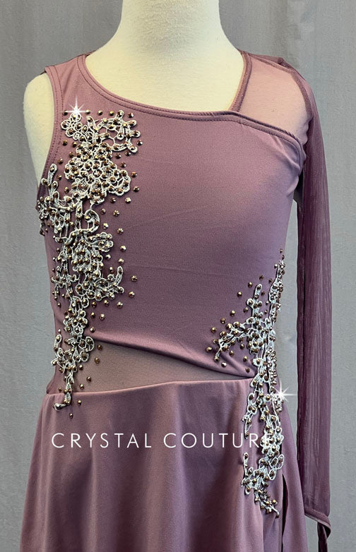 Mauve Leotard with Mesh sleeve and Asymmetrical Skirt - Rhinestones