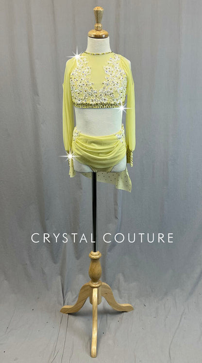 Custom Pale Yellow Two Piece with Back Skirt and Appliques - Rhinestones