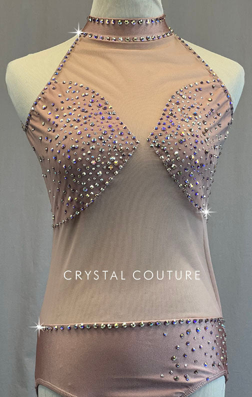 Dusty Rose Mock Neck Leotard with Mesh and Open Back - Rhinestones