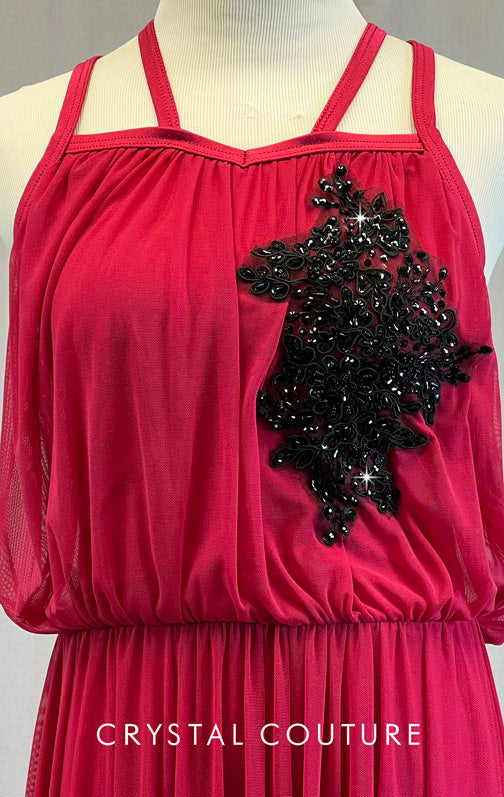 Red Lattice Back Dress with Flounce Top - Rhinestones