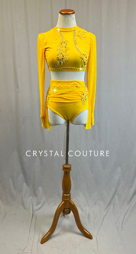 Custom Mustard Two Piece with Back Skirt and Appliques - Rhinestones