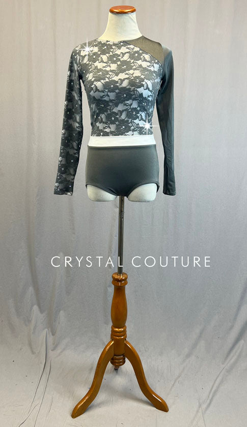 Light Grey Long Sleeved Lace Leotard - Rhinestones