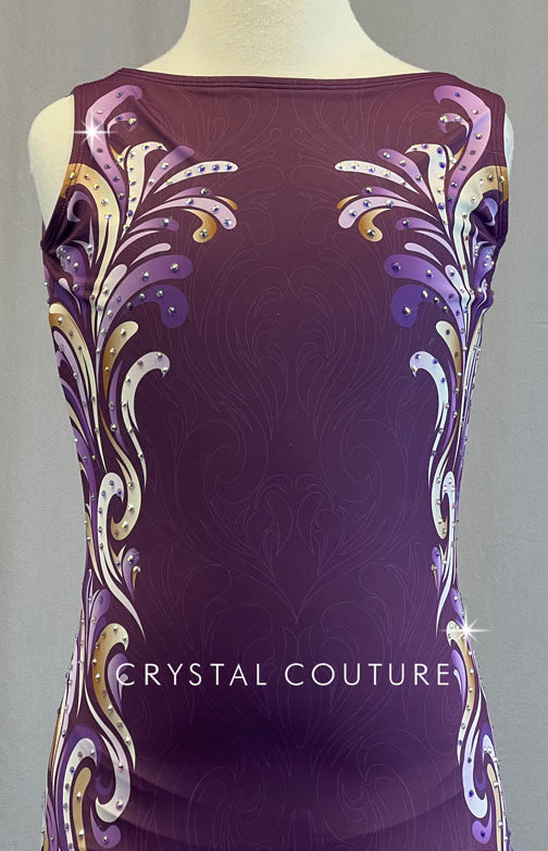 Purple Leotard with Gold and Ivory Floral Vector Pattern - Rhinestones