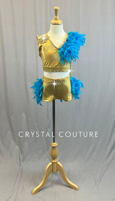 Gold Metallic Two Piece with Blue Feathers and Appliques - Rhinestones