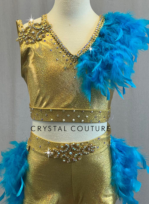 Gold Metallic Two Piece with Blue Feathers and Appliques - Rhinestones