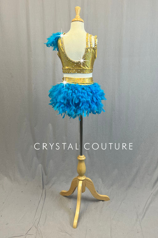 Gold Metallic Two Piece with Blue Feathers and Appliques - Rhinestones
