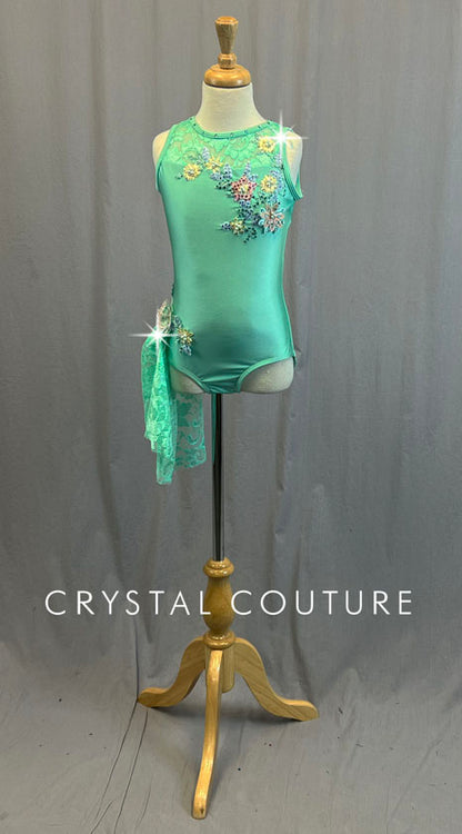 Seafoam Green Leotard with Lace Side Bustle and Floral Appliques - Rhinestones