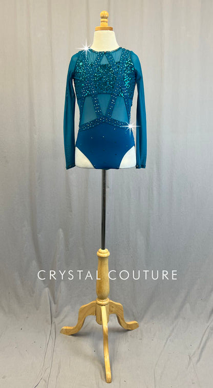 Teal Sequin Leotard with Mesh Sleeves and Cutouts - Rhinestones