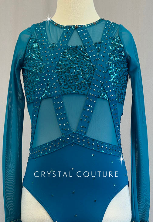 Teal Sequin Leotard with Mesh Sleeves and Cutouts - Rhinestones