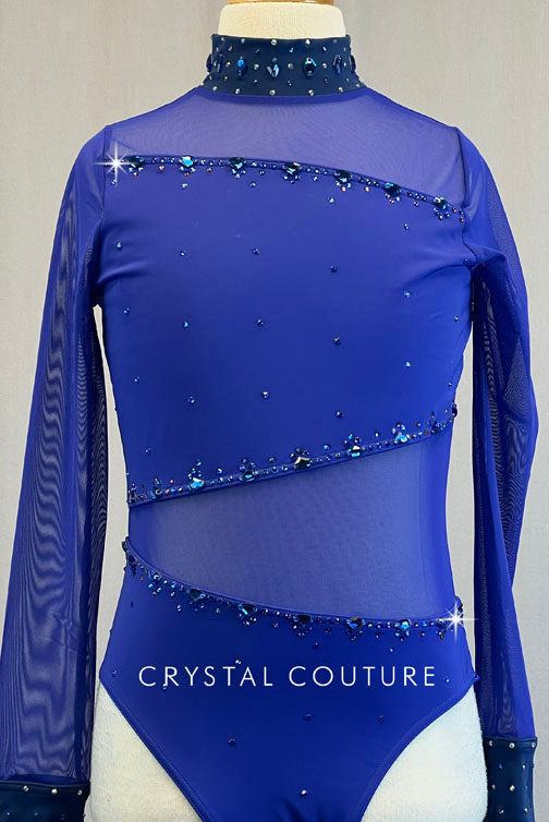 Indigo Open Back Leotard with Mesh Cutouts - Rhinestones