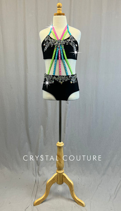 Black Two Piece with Connecting Neon Straps and Appliques - Rhinestones