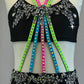 Black Two Piece with Connecting Neon Straps and Appliques - Rhinestones