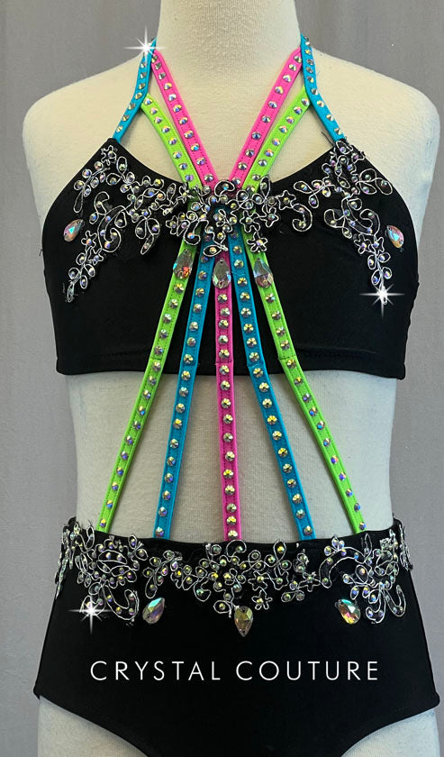 Black Two Piece with Connecting Neon Straps and Appliques - Rhinestones