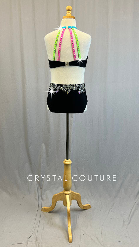 Black Two Piece with Connecting Neon Straps and Appliques - Rhinestones