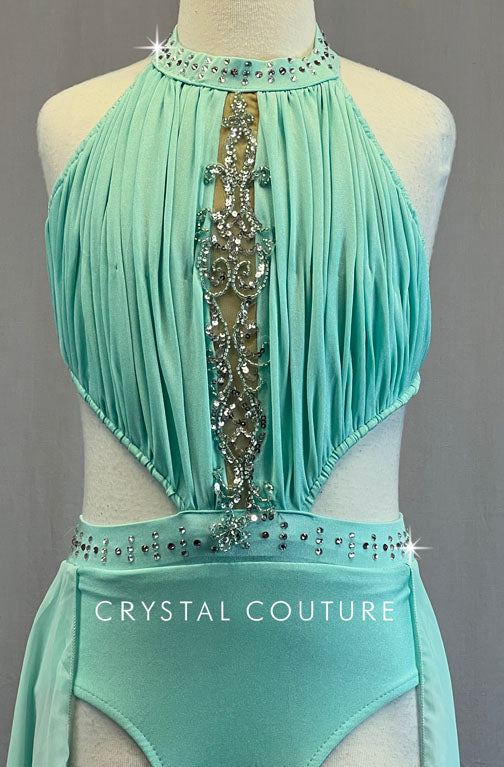Mint Green Leotard with Ruching and Back Skirt - Rhinestones