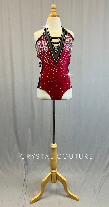 Red Strappy Back Leotard with Black Mesh and Cutouts - Rhinestones