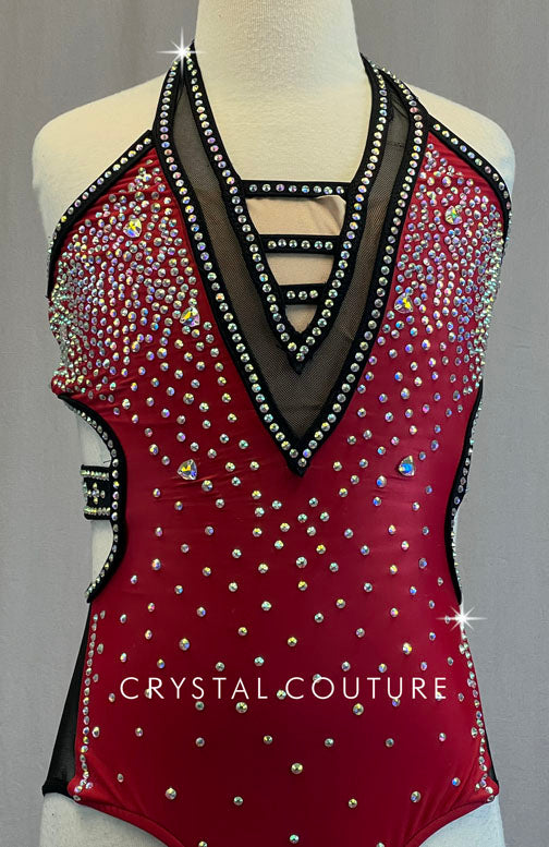 Red Strappy Back Leotard with Black Mesh and Cutouts - Rhinestones