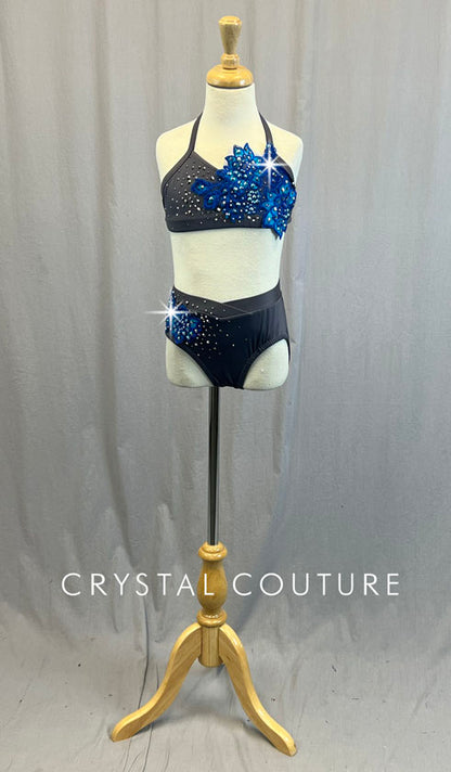 Custom Grey Halter Bra Top and Trunks with Blue Floral Appliques - Rhinestones