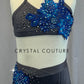 Custom Grey Halter Bra Top and Trunks with Blue Floral Appliques - Rhinestones