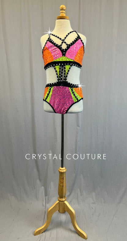 Pink, Green, and Orange Color Block Connected Two Piece - Rhinestones