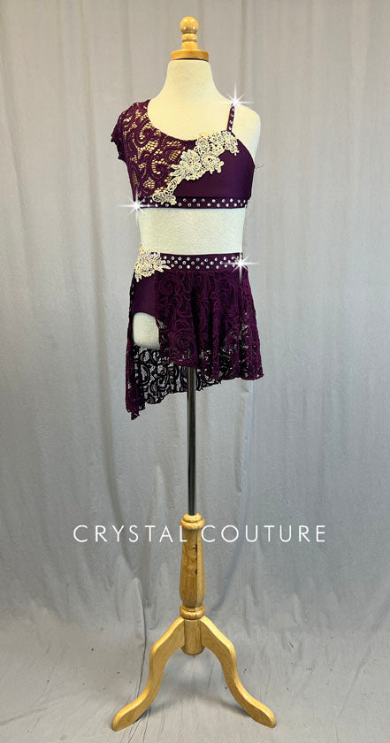 Plum Lace Asymmetrical Two Piece with Appliques - Rhinestones