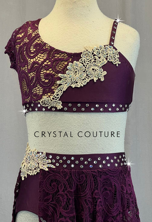 Plum Lace Asymmetrical Two Piece with Appliques - Rhinestones