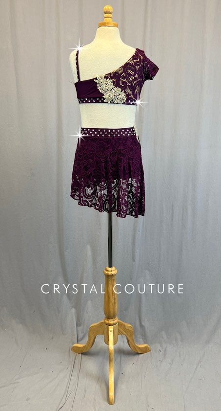 Plum Lace Asymmetrical Two Piece with Appliques - Rhinestones