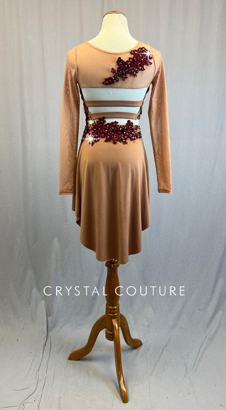 Tan Long Sleeve Top and Skirt with Burgundy Appliques - Rhinestones