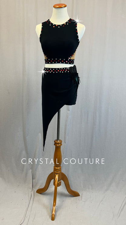 Black Jersey Top and Side Point Skirt with Feather Applique - Rhinestones