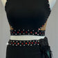 Black Jersey Top and Side Point Skirt with Feather Applique - Rhinestones
