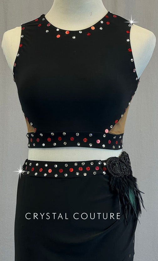 Black Jersey Top and Side Point Skirt with Feather Applique - Rhinestones