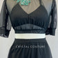 Black Puff Sleeve Mesh Crop Top and Shorts with Green Applique - Rhinestones