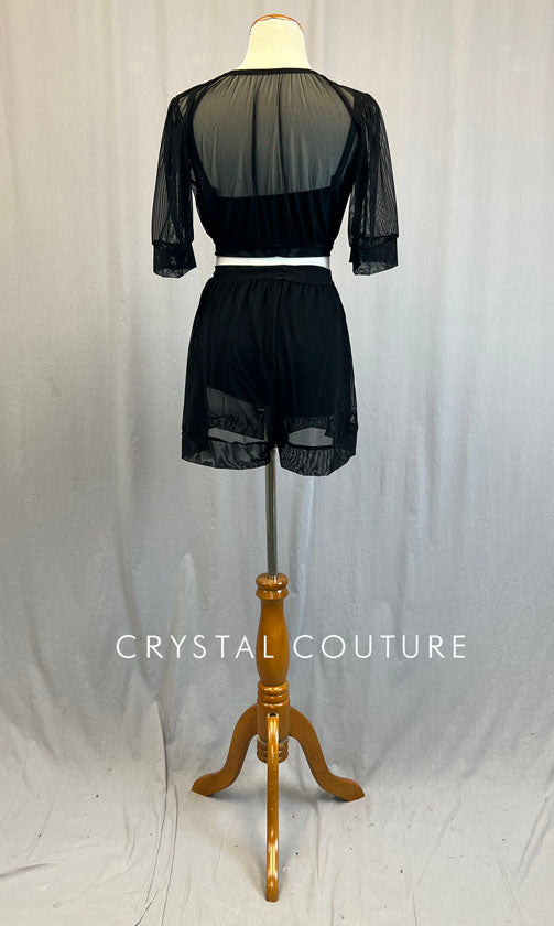 Black Puff Sleeve Mesh Crop Top and Shorts with Green Applique - Rhinestones