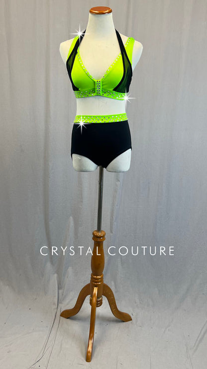 Neon Green and Black Two Piece with Mesh Details - Rhinestones