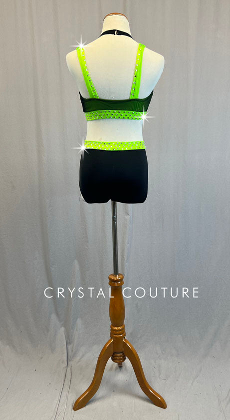 Neon Green and Black Two Piece with Mesh Details - Rhinestones
