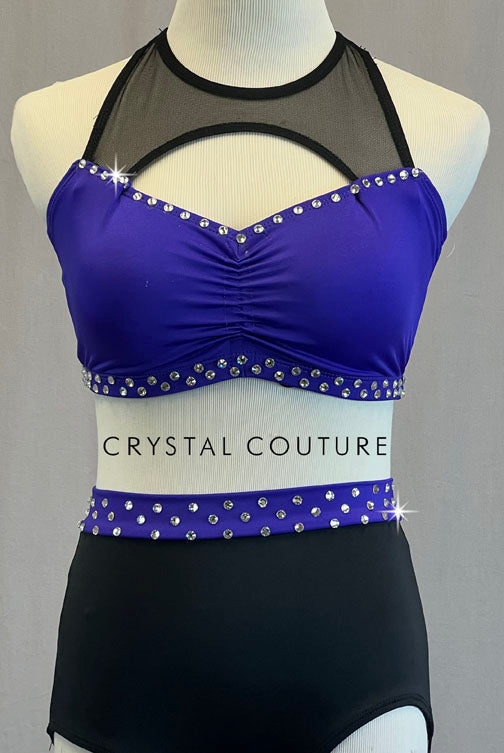 Purple and Black Two Piece with Mesh Details - Rhinestones