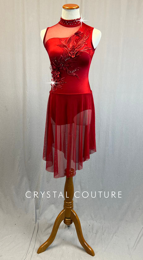 Red Skirted Leotard with Mesh Inserts and Appliques - Rhinestones