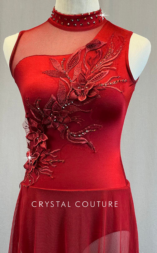 Red Skirted Leotard with Mesh Inserts and Appliques - Rhinestones