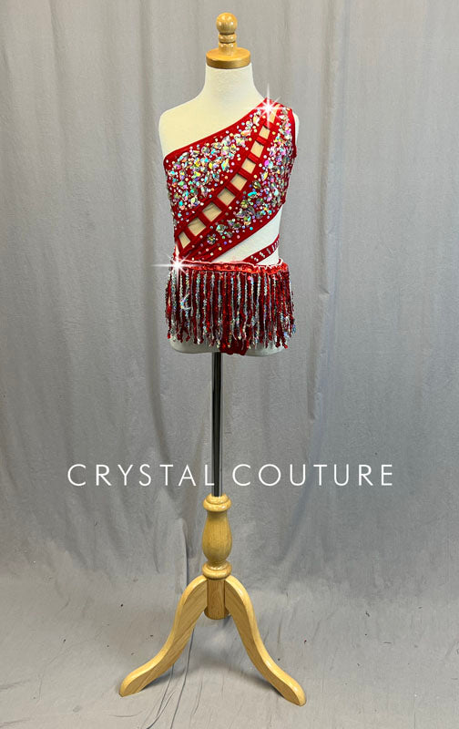 Red One Shoulder Leotard with Sequin Fringe and Cutouts - Rhinestones