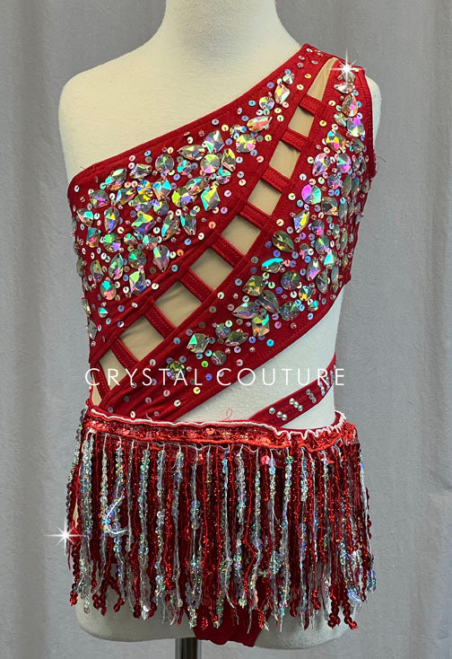 Red One Shoulder Leotard with Sequin Fringe and Cutouts - Rhinestones