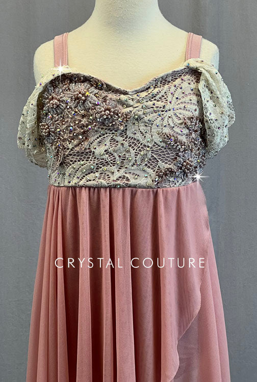 Blush and Lace Ballet Dress with Off Shoulder Sleeves - Rhinestones