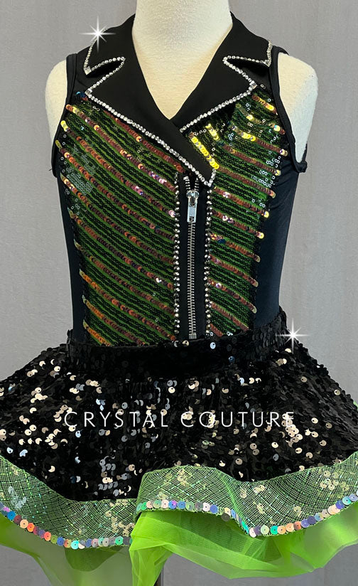 Black & Lime Green Sequin Zipper Vest with Tulle Skirt - Rhinestones