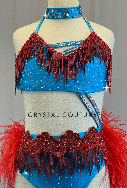 Custom Bright Blue Connected Two Piece with Red Beaded Fringe and Feathers - Rhinestones