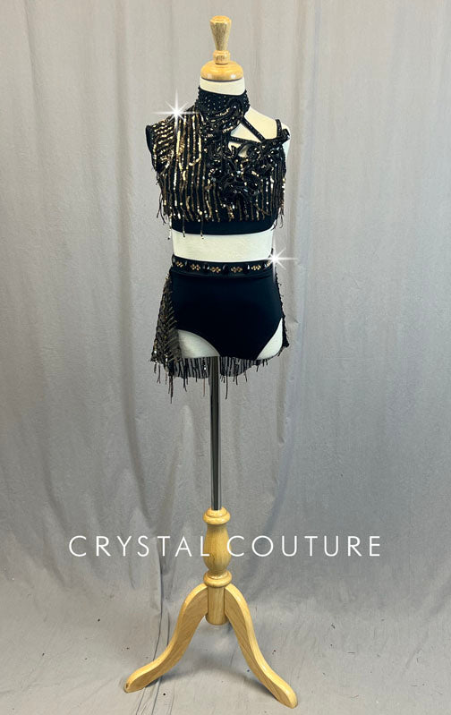 Black Asymmetrical Two Piece with Gold Sequin Fringe - Rhinestones