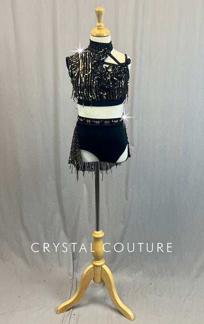 Black Asymmetrical Two Piece with Gold Sequin Fringe - Rhinestones