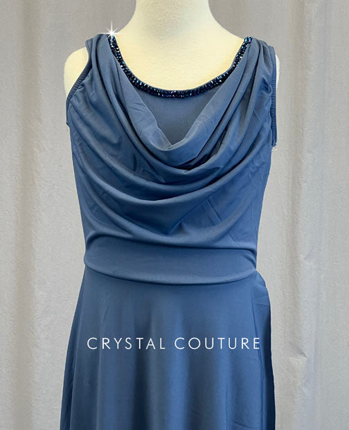 Slate Blue Draped Neckline Dress - Rhinestones