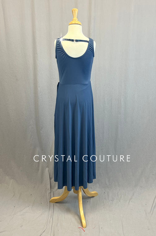 Slate Blue Draped Neckline Dress - Rhinestones