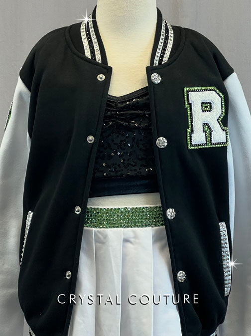 Black & White Varsity Jacket with White Pleated Skirt - Rhinestones